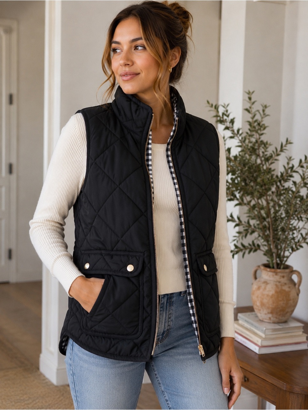 J.Crew Quilted Puffer Vest Women’s Small Black Gingham Lined Utility Pocket